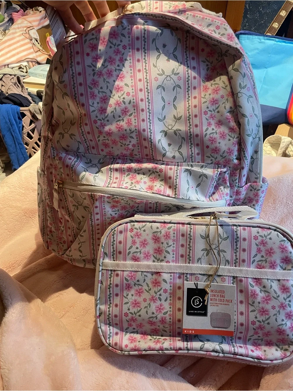 NWT BUNDLE Backpack and Lunchbox in Pink and Green Coquette Pattern